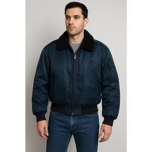 Vintage Falcon Uniform military Flight quilted Faux fur Blue Bomber Jacket XL